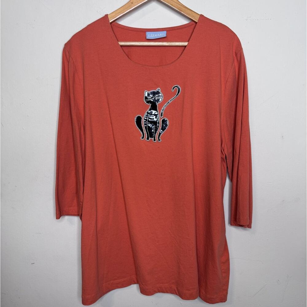 Liz & Me Orange Black Cat Shirt Cut Tag Quarter Sleeve